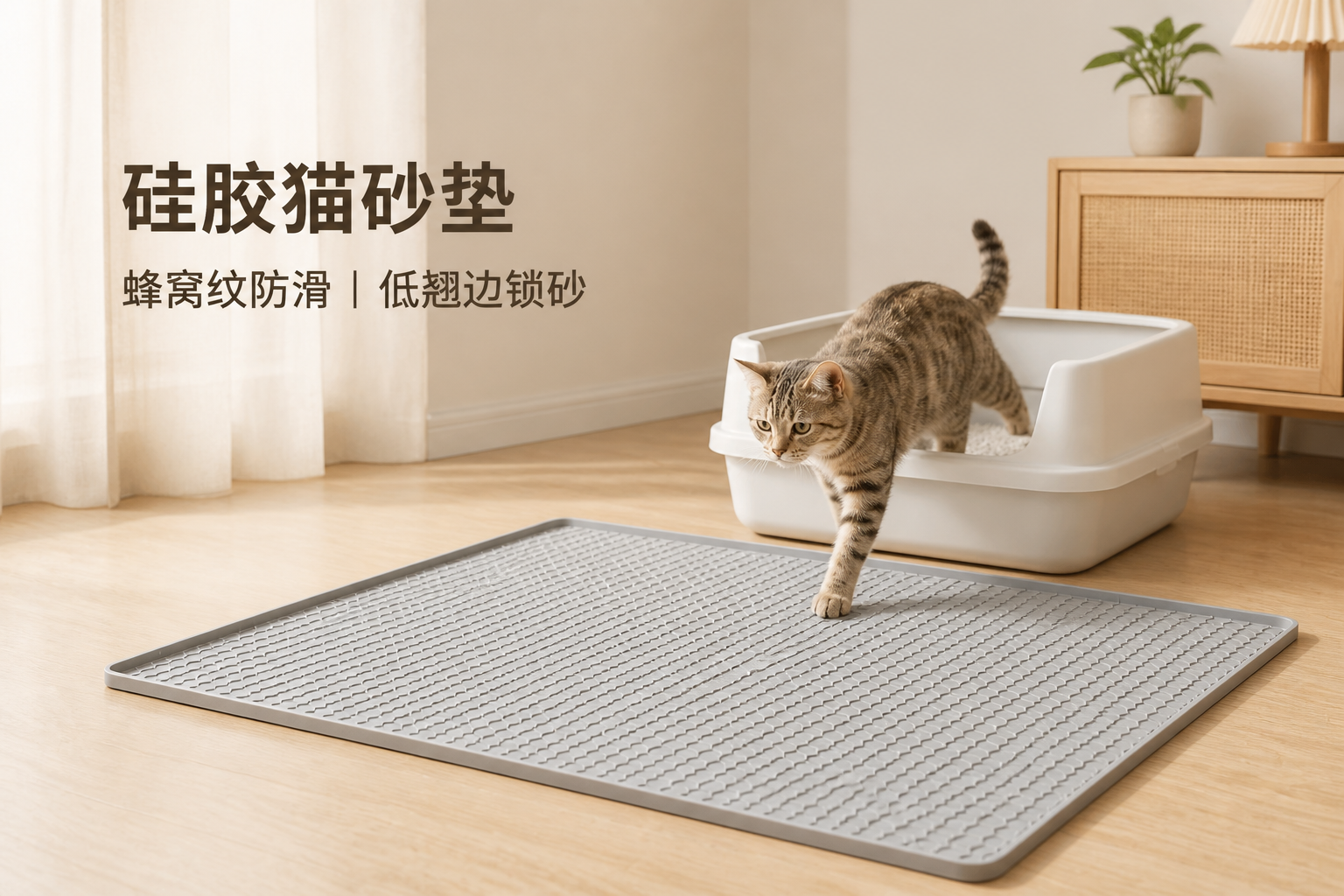 大面积、蜂窝纹理、低翘边锁砂的硅胶猫砂垫设计<br /> <link href="https://fonts.googleapis.com/css?family=Inter" rel="stylesheet" type="text/css" />