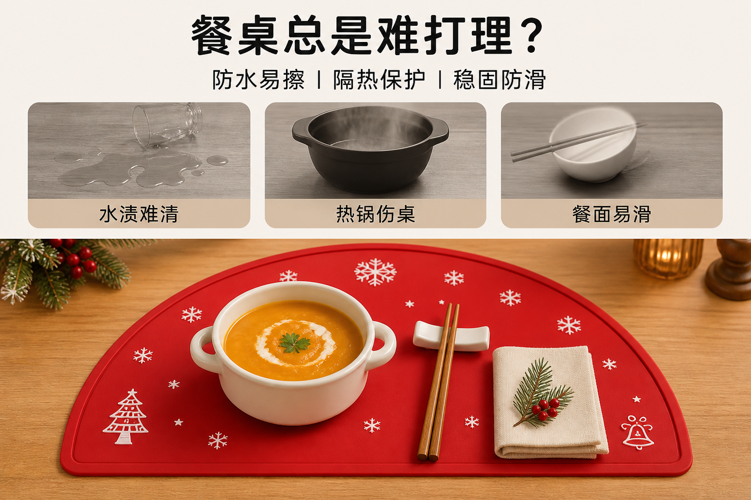 <span style="font-family:inter;"><span style="color:#2f4a52;"><strong>为水渍难清、热锅伤桌和餐具易滑而设计</strong></span></span> <link href="https://fonts.googleapis.com/css?family=Inter" rel="stylesheet" type="text/css" />