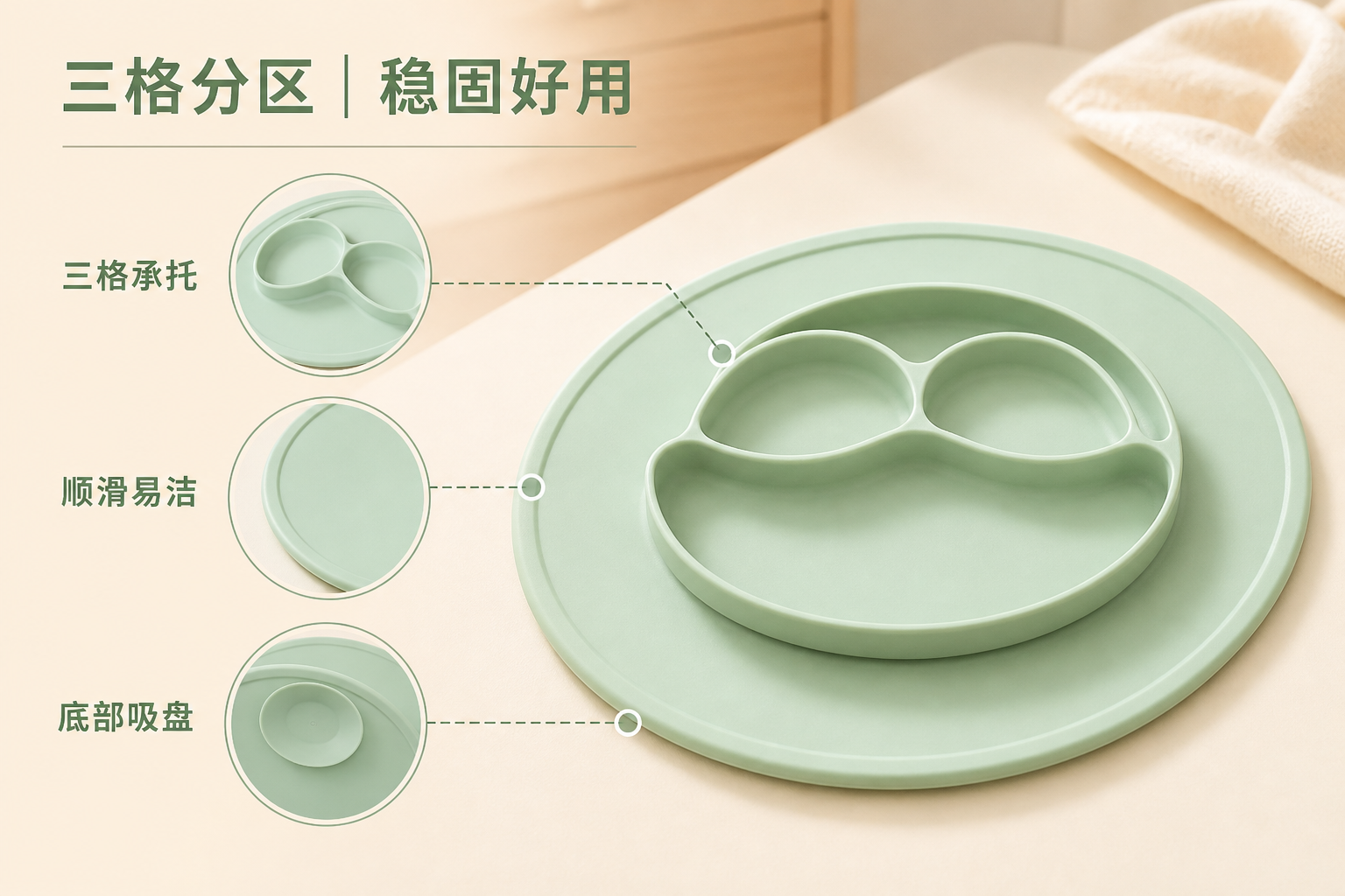 <span style="font-family:inter;"><span style="color:#2f4a52;"><strong>让用餐更整齐、更稳定、更方便清洁的三格餐盘垫</strong></span></span> <link href="https://fonts.googleapis.com/css?family=Inter" rel="stylesheet" type="text/css" />