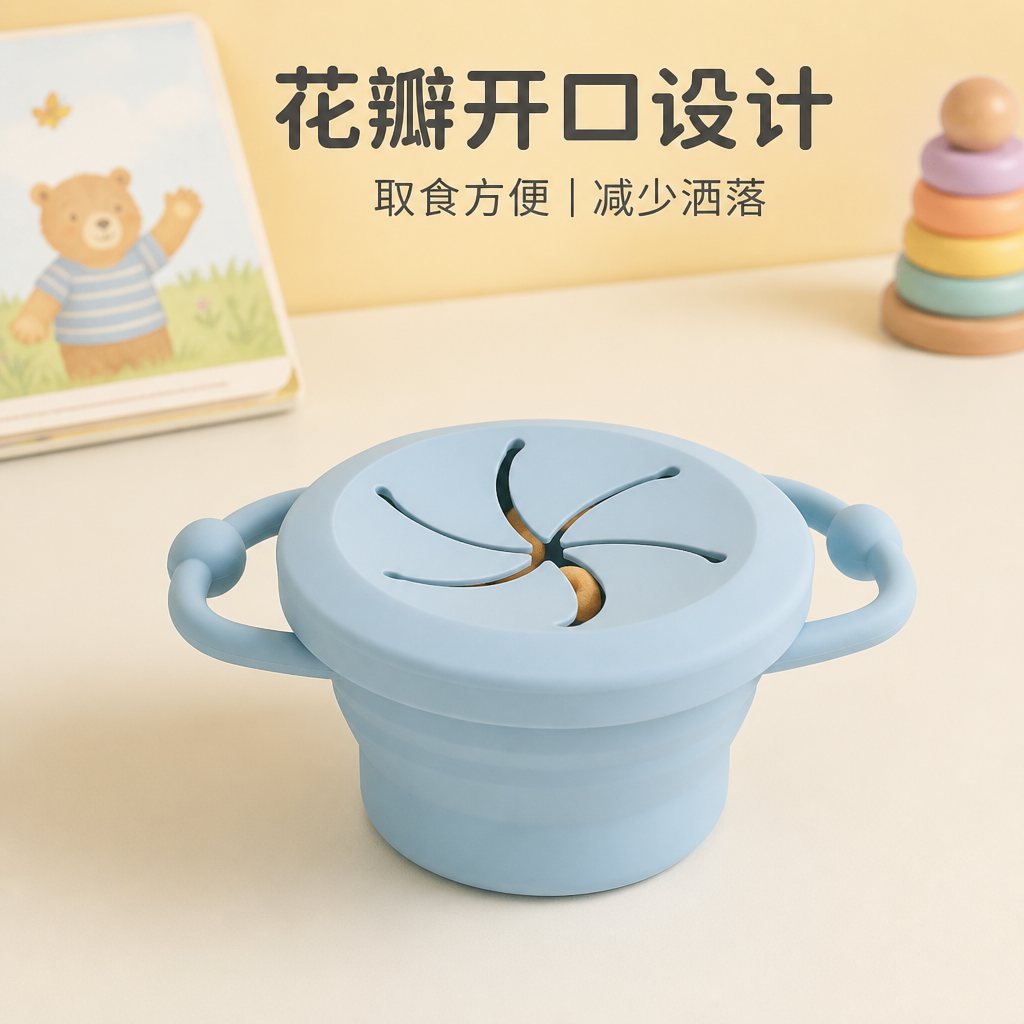 儿童便携可折叠零食杯 — 带盖儿童零食容器硅胶杯