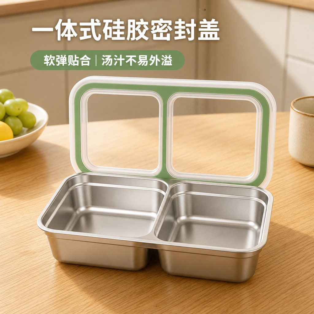 双格不锈钢分餐盒 — 便携密封餐盒