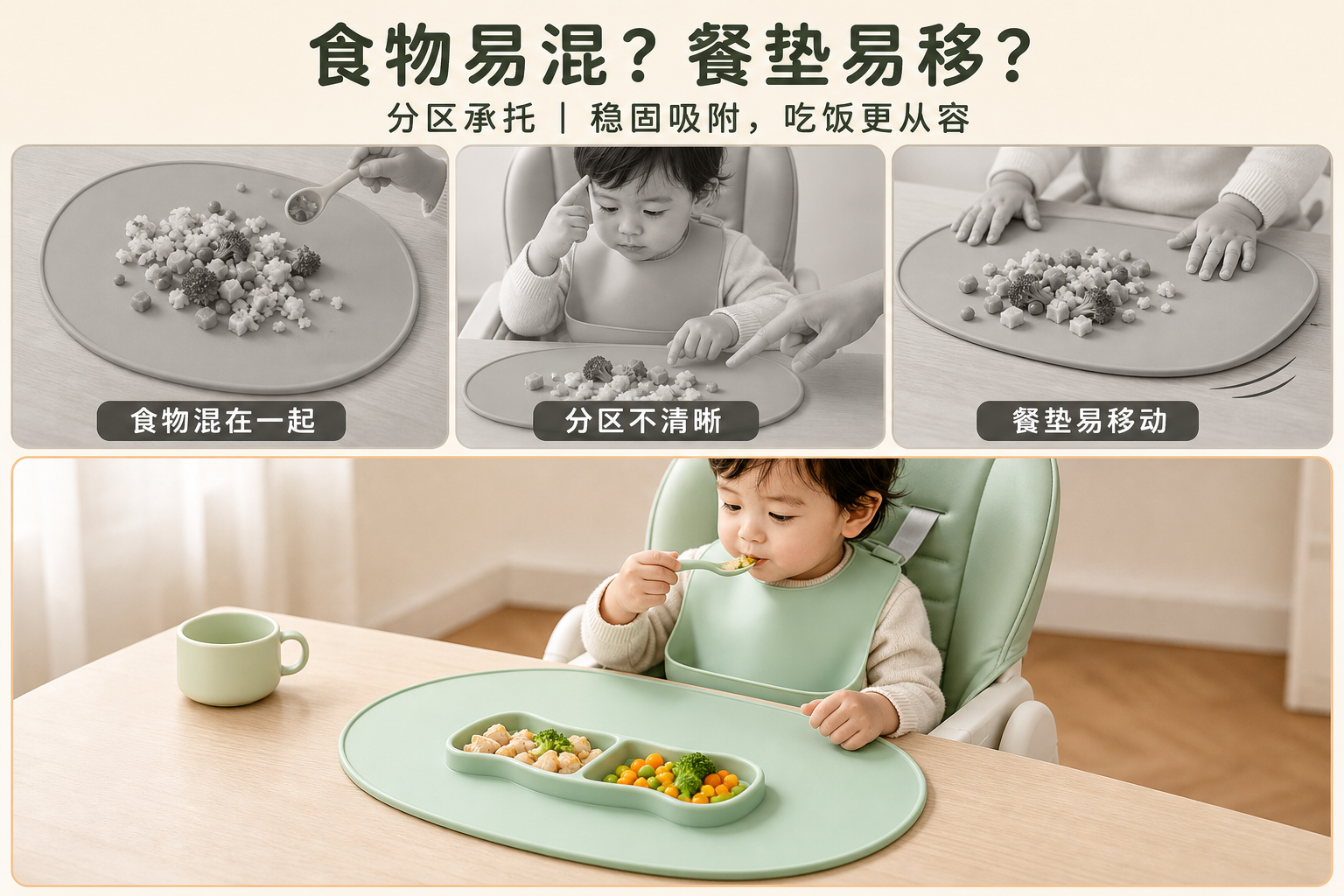 <span style="font-family:inter;"><span style="color:#2f4a52;"><strong>为食物混放、餐垫易移和餐后难清洁而设计</strong></span></span> <link href="https://fonts.googleapis.com/css?family=Inter" rel="stylesheet" type="text/css" />
