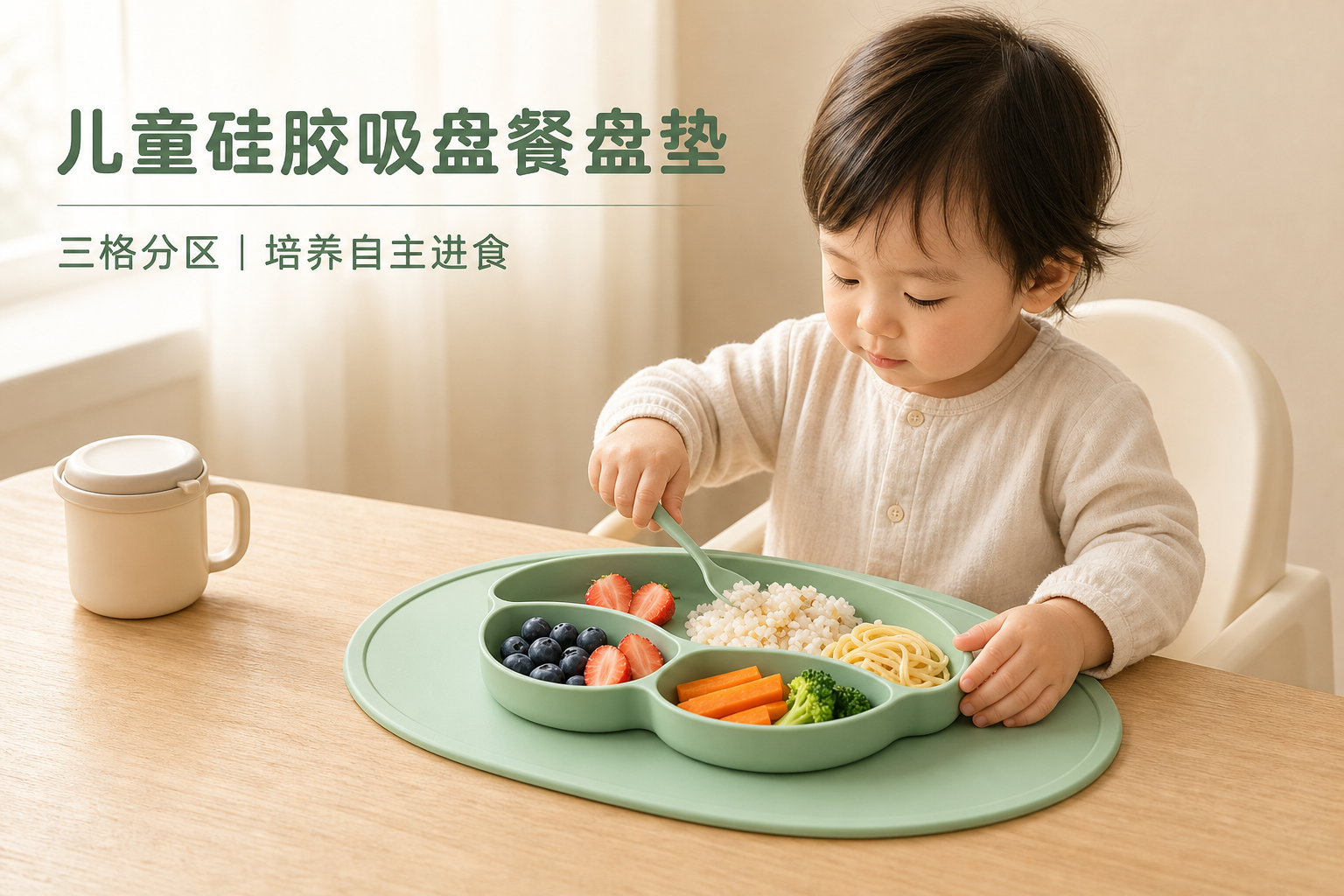 <span style="font-family:inter;"><span style="color:#2f4a52;"><strong>柔软硅胶、三格分区、底部吸附的餐盘垫设计</strong></span></span><br /> <link href="https://fonts.googleapis.com/css?family=Inter" rel="stylesheet" type="text/css" />