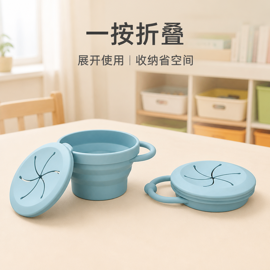 儿童便携可折叠零食杯 — 带盖儿童零食容器硅胶杯