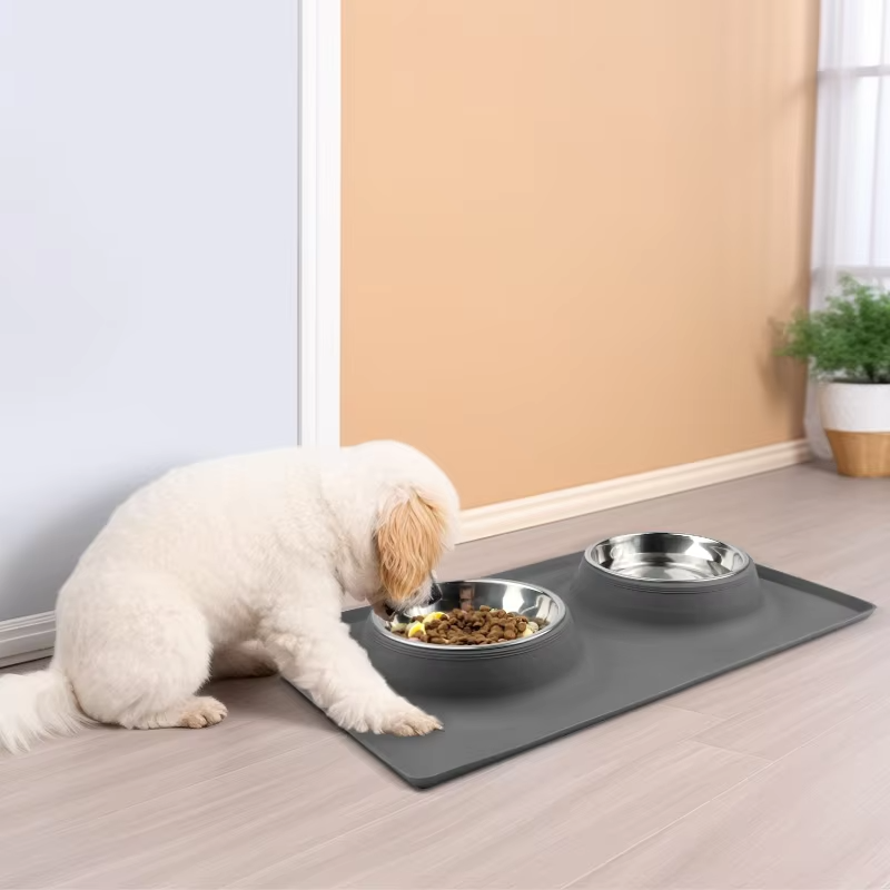 新款防水猫狗宠物硅胶垫双层食物碗宠物喂食器垫碗套装