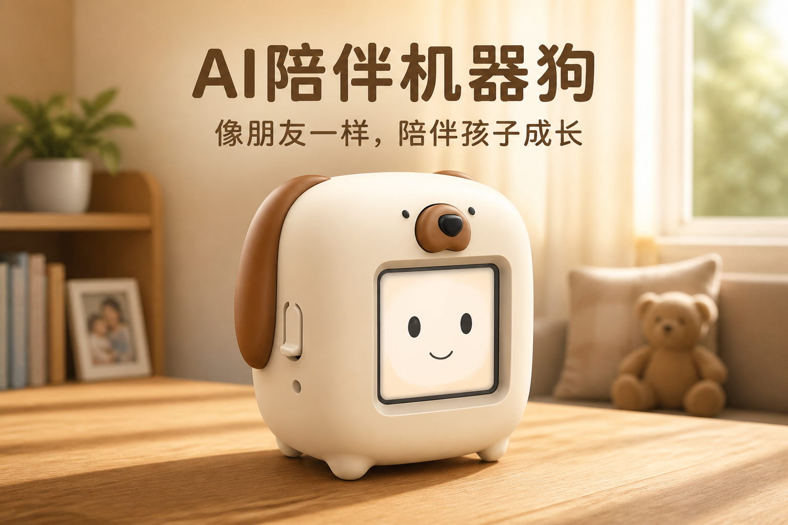 亲和狗狗造型、触摸屏互动、侧边操作的陪伴机器人设计<br /> <link href="https://fonts.googleapis.com/css?family=Inter" rel="stylesheet" type="text/css" />