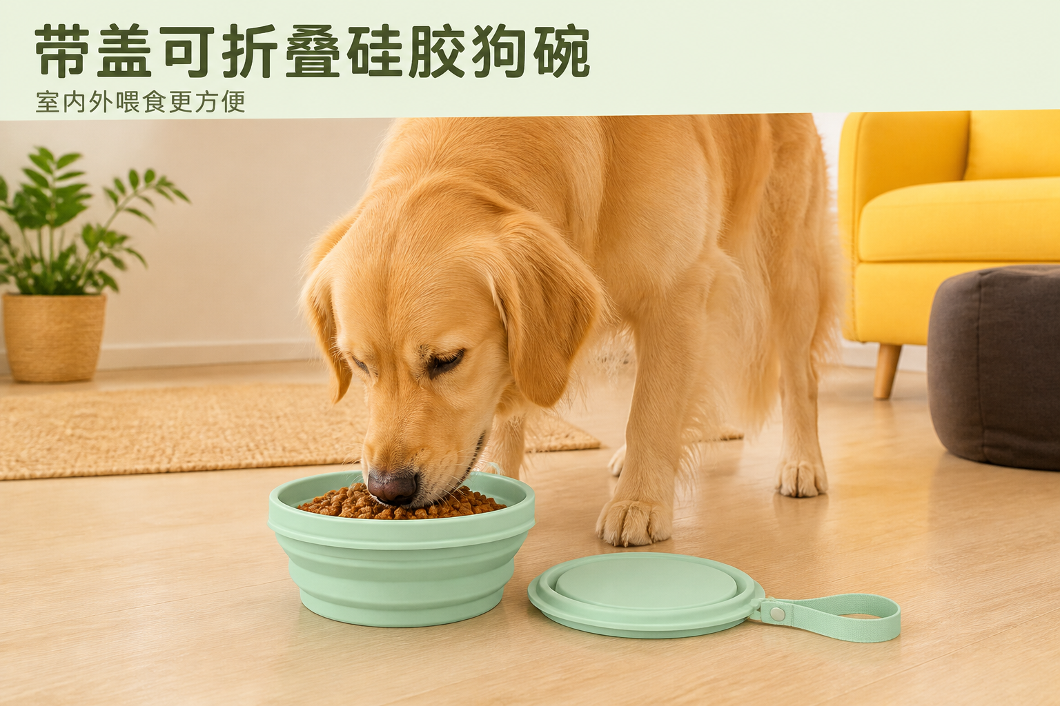 带盖、可折叠、多层结构与挂绳的硅胶狗碗设计<br /> <link href="https://fonts.googleapis.com/css?family=Inter" rel="stylesheet" type="text/css" />