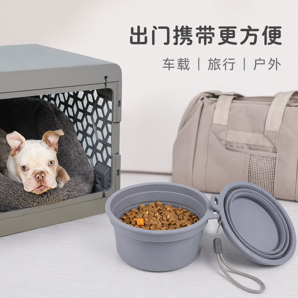 带盖可折叠硅胶狗碗 — 便携宠物喂食碗