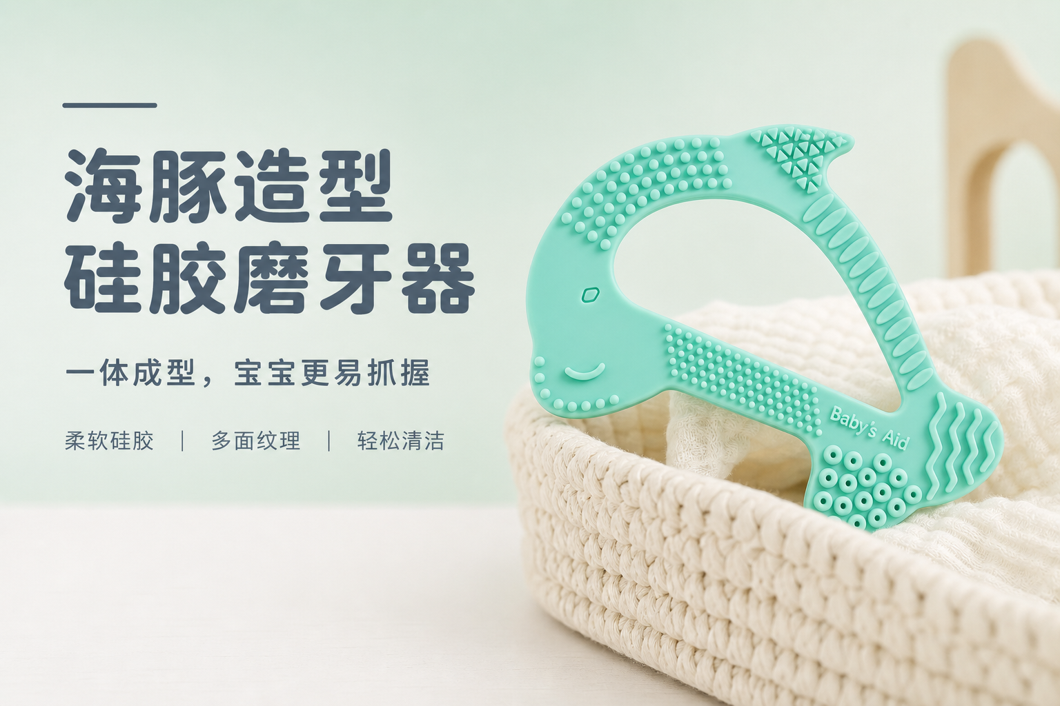 <span style="font-family:inter;"><span style="color:#2f4a52;"><strong>食品级硅胶、一体式海豚造型、宽大握环的磨牙器设计</strong></span></span><br /> <link href="https://fonts.googleapis.com/css?family=Inter" rel="stylesheet" type="text/css" />