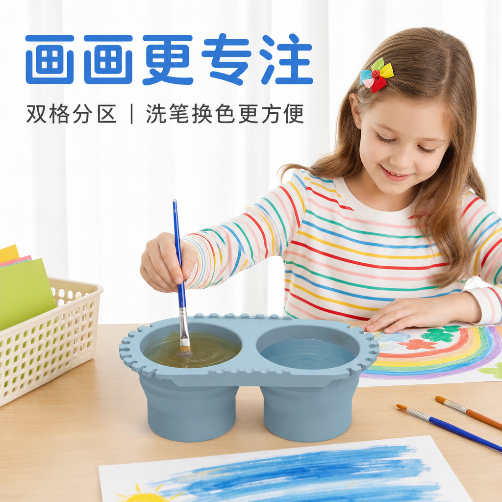 可折叠双格硅胶洗笔桶 — 绘画工具清洗收纳杯