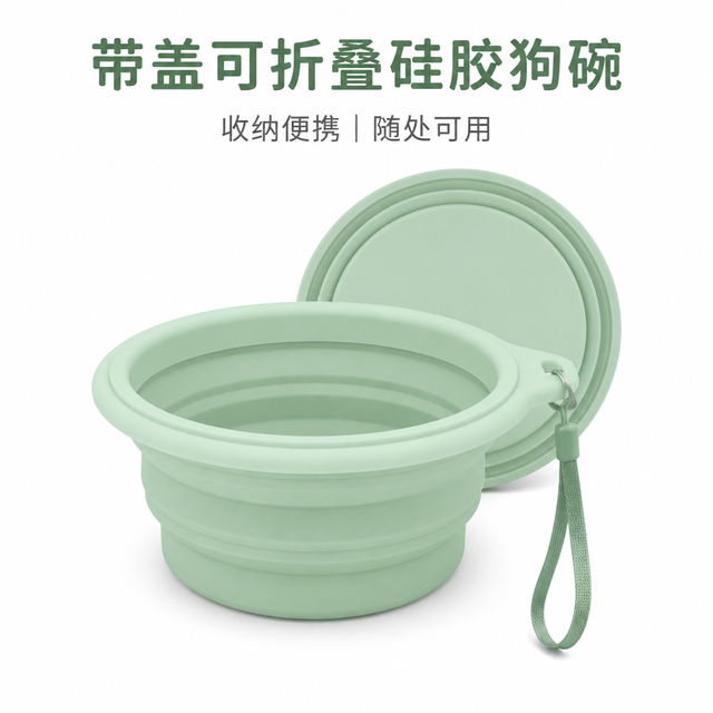 带盖可折叠硅胶狗碗 — 便携宠物喂食碗