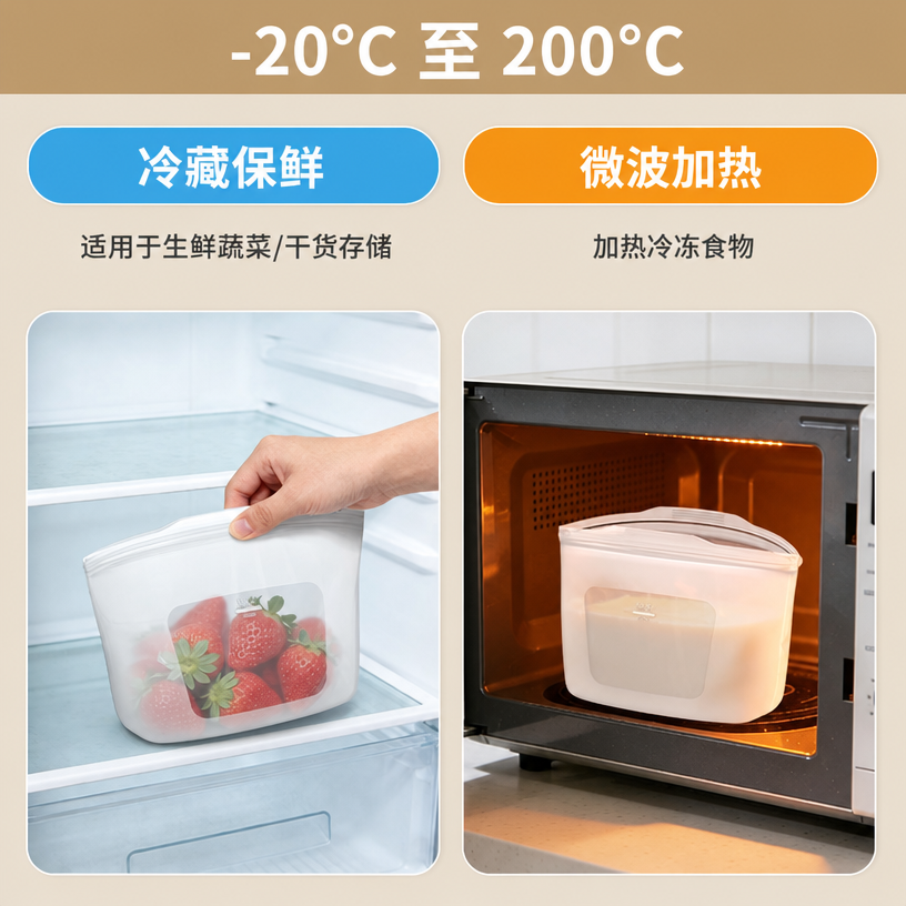 可重复使用的硅胶食物收纳袋 — 防漏不含双酚A