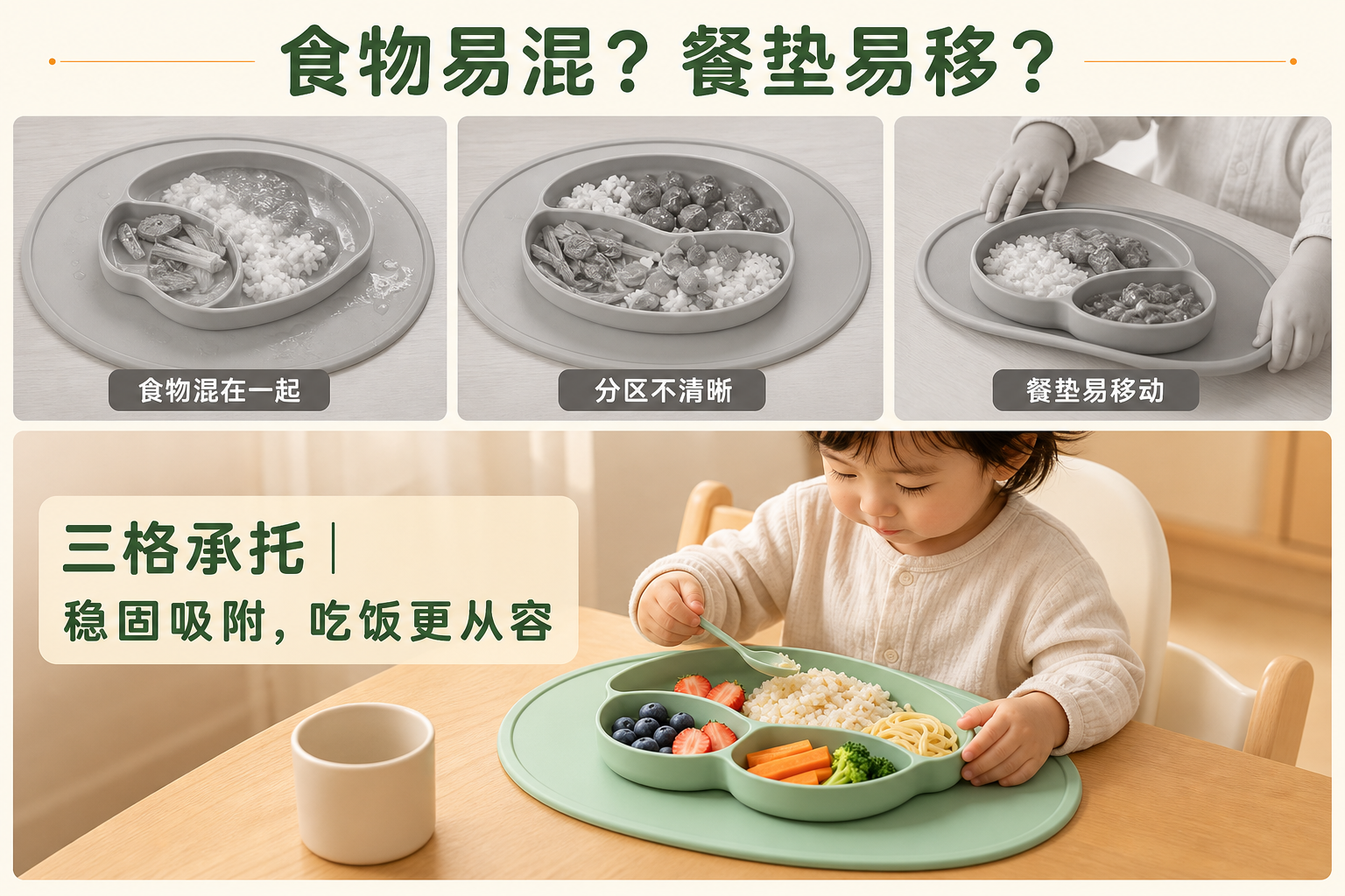 <span style="font-family:inter;"><span style="color:#2f4a52;"><strong>为食物混放、餐垫易移和餐后难清洁而设计</strong></span></span> <link href="https://fonts.googleapis.com/css?family=Inter" rel="stylesheet" type="text/css" />