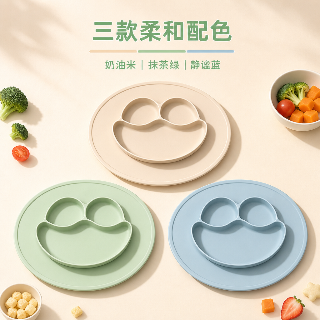 儿童三格硅胶吸盘餐盘垫 — 婴幼儿分区餐盘垫