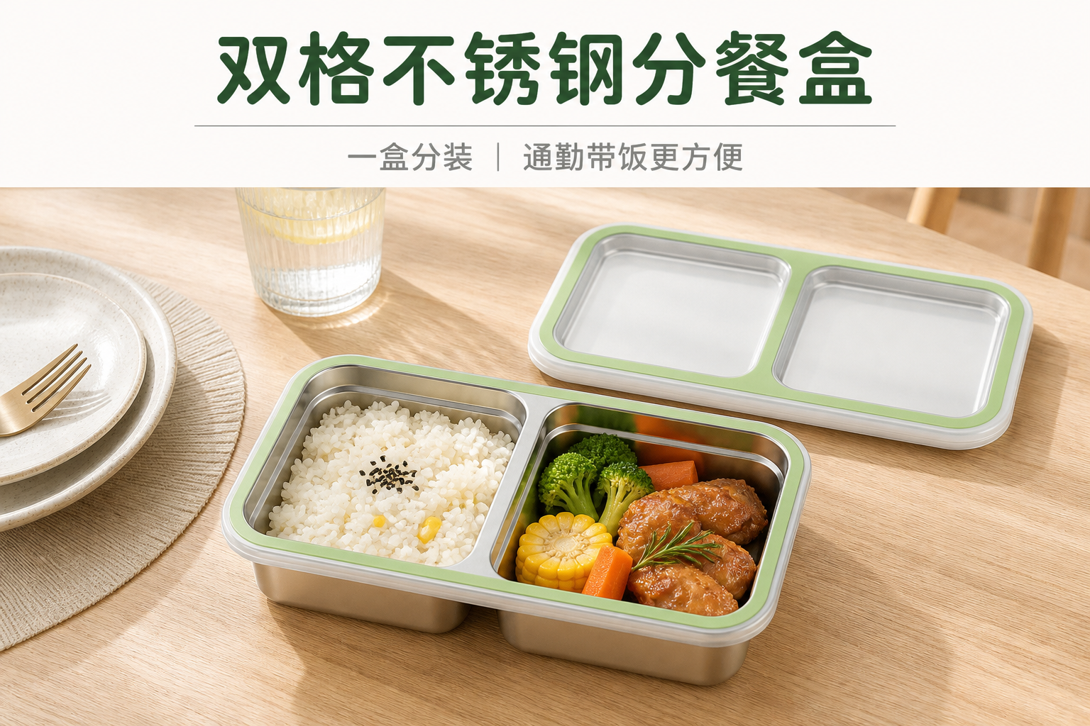 304不锈钢内盒、双格分区、硅胶密封的分餐盒设计<br /> <link href="https://fonts.googleapis.com/css?family=Inter" rel="stylesheet" type="text/css" />