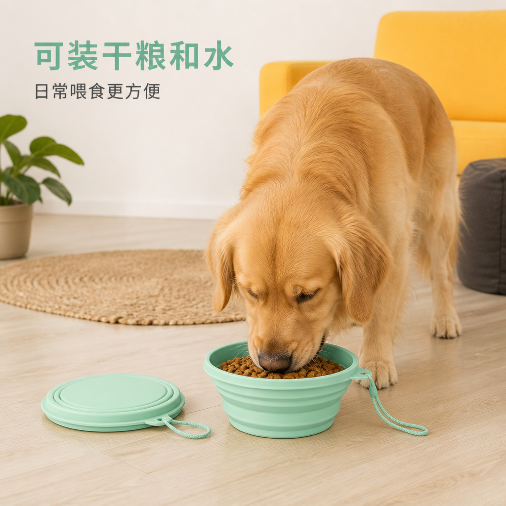 带盖可折叠硅胶狗碗 — 便携宠物喂食碗