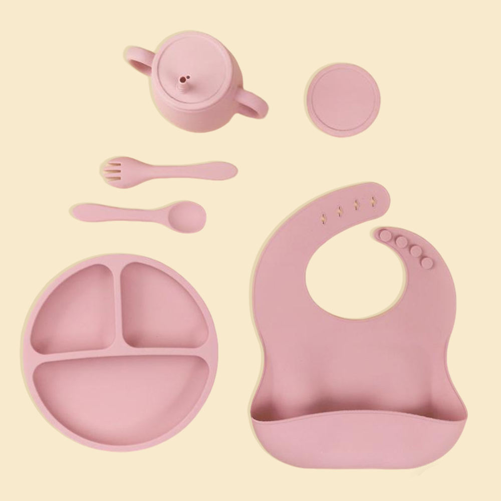 定制设计彩色食品级硅胶婴儿围兜餐具套装碗儿童餐具硅胶婴儿喂养套装儿童餐具套装