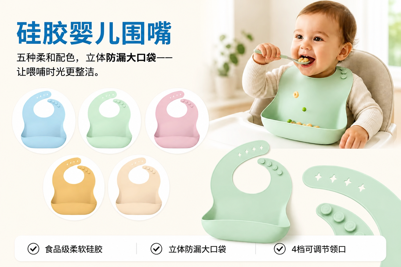 <span style="font-family:inter;"><span style="color:#2f4a52;"><strong>硅胶婴儿围兜让喂食更轻松、更干净</strong></span></span> <link href="https://fonts.googleapis.com/css?family=Inter" rel="stylesheet" type="text/css" />