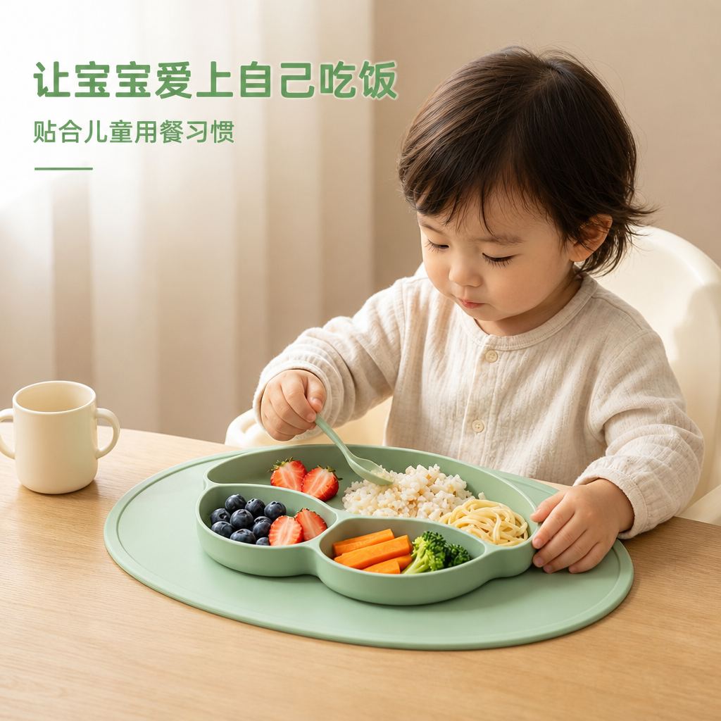 儿童三格硅胶吸盘餐盘垫 — 婴幼儿分区餐盘垫
