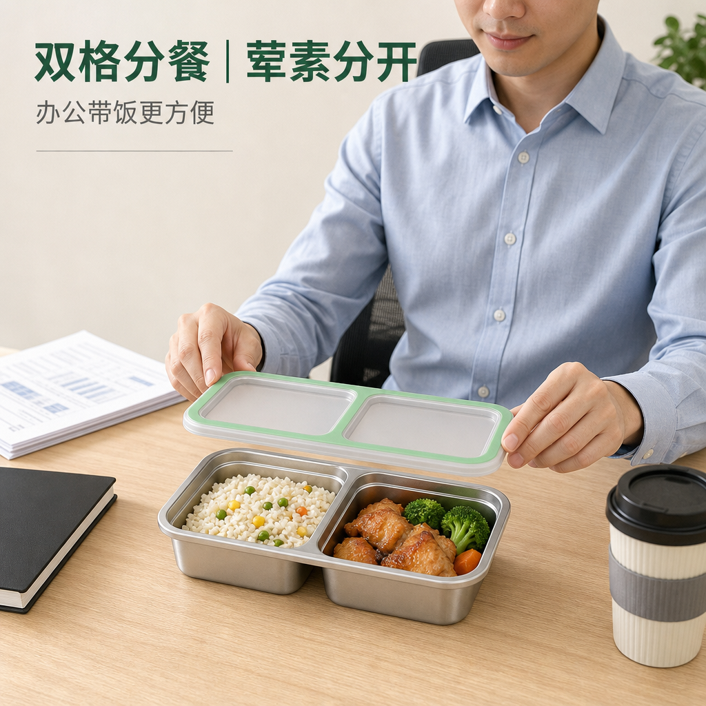 双格不锈钢分餐盒 — 便携密封餐盒