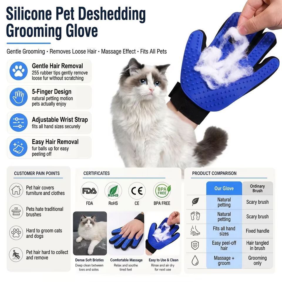 定制硅胶宠物除毛手套宠物美容手套Guantes De Mascotas 除毛刷手套