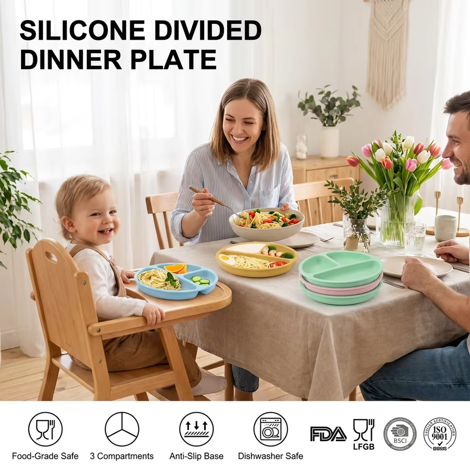 2027 新款不含 Bpa 硅胶婴儿盘带盖食品级儿童幼儿喂养吸力分隔器婴儿硅胶碗