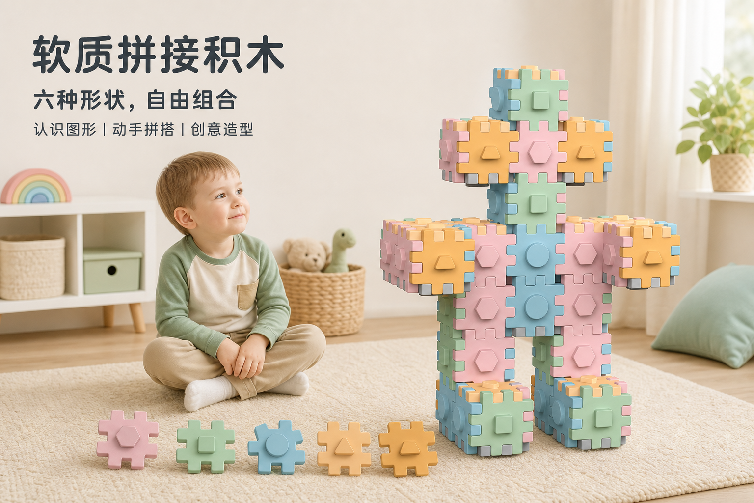 柔软材质、六种形状、卡扣拼接的积木设计<br /> <link href="https://fonts.googleapis.com/css?family=Inter" rel="stylesheet" type="text/css" />