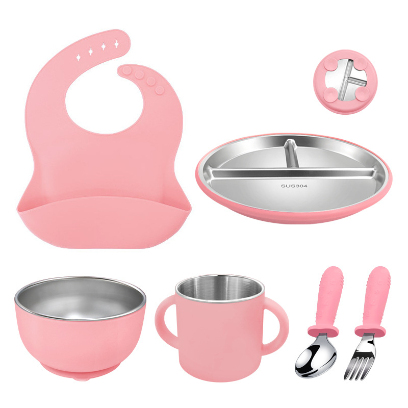 Wellfine 硅胶盘婴儿不含 Bpa 食品级分吸晚餐儿童碗 5 件装喂养不锈钢套装