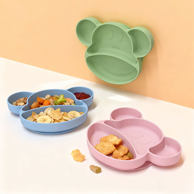 现代设计硅胶熊婴儿盘食品级硅胶材料易于清洁儿童餐饮餐具套装婴儿喂养