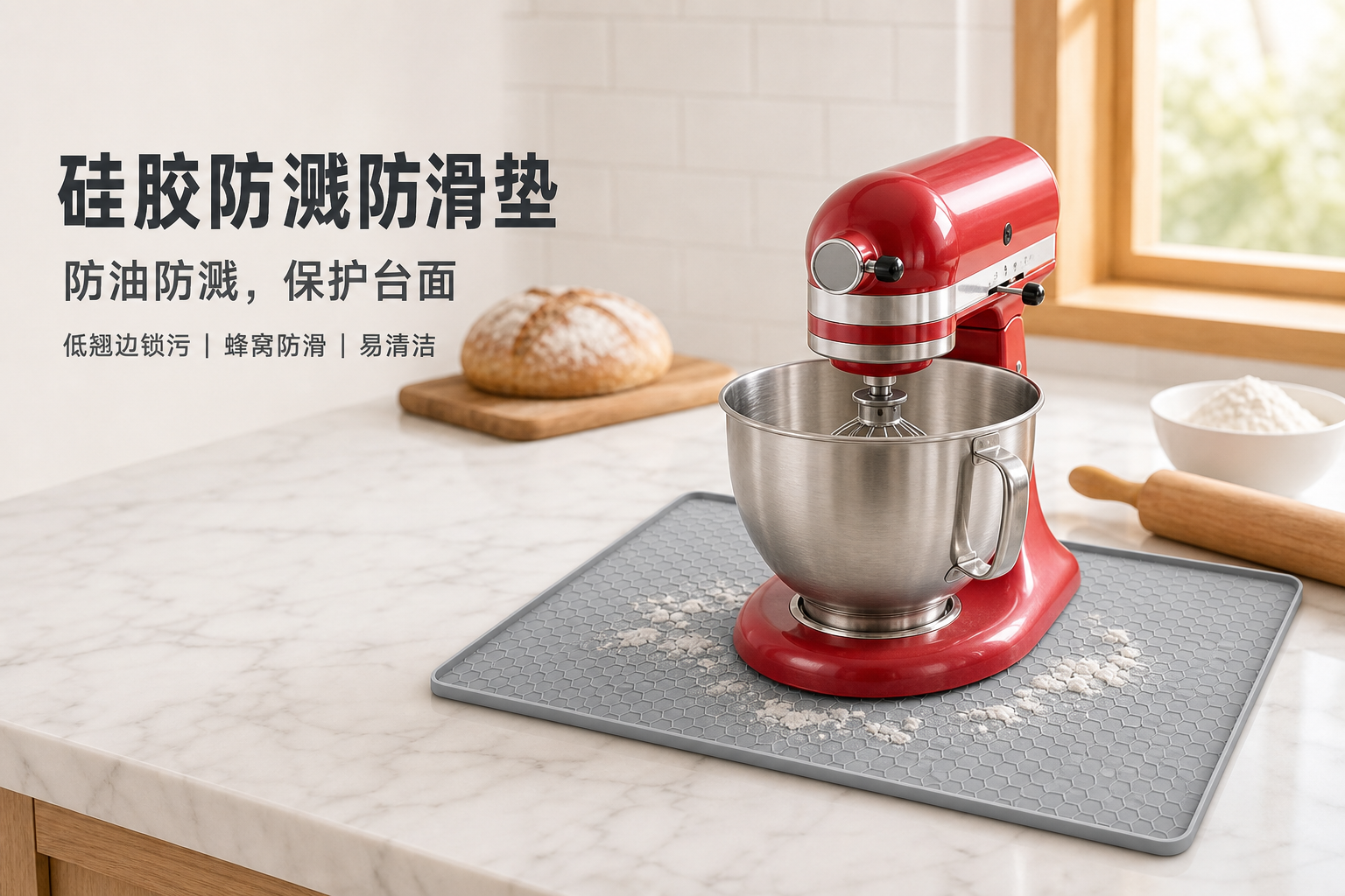 食品级硅胶、蜂窝纹理、低翘边锁污的防溅防滑垫设计<br /> <link href="https://fonts.googleapis.com/css?family=Inter" rel="stylesheet" type="text/css" />
