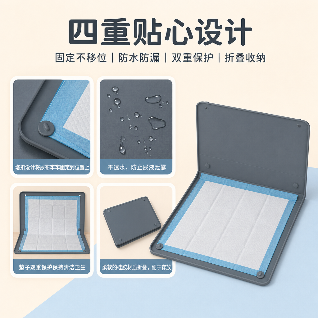 折叠式宠物尿垫托盘 — 立式挡板防漏垫