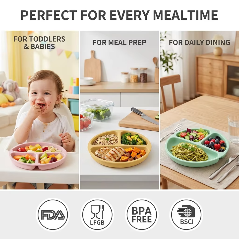 2027 新款不含 Bpa 硅胶婴儿盘带盖食品级儿童幼儿喂养吸力分隔器婴儿硅胶碗