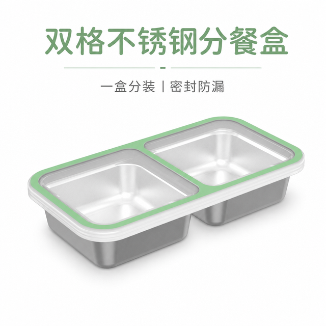 双格不锈钢分餐盒 — 便携密封餐盒