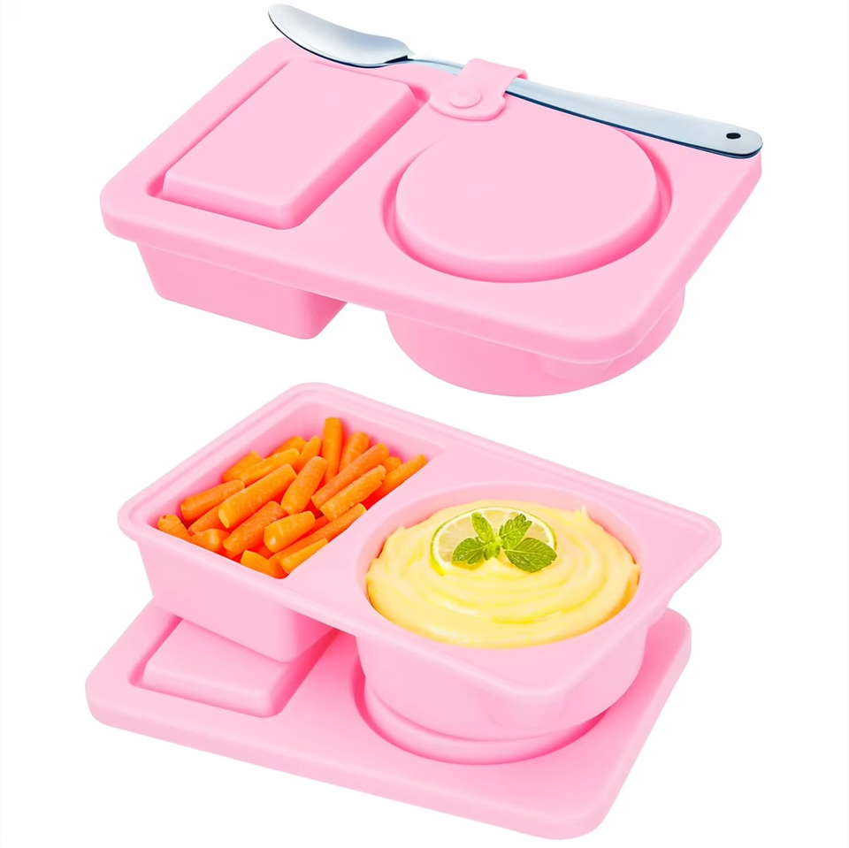 不含 BPA 双隔层硅胶零食容器 易清洁盖子 环保可折叠午餐盒 安全