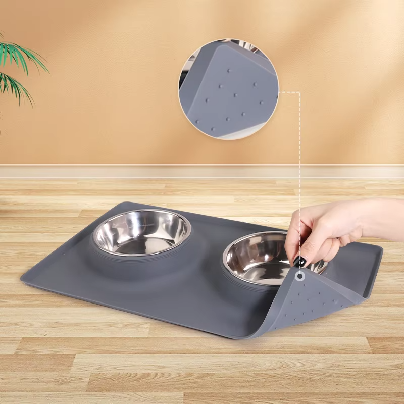 新款防水猫狗宠物硅胶垫双层食物碗宠物喂食器垫碗套装